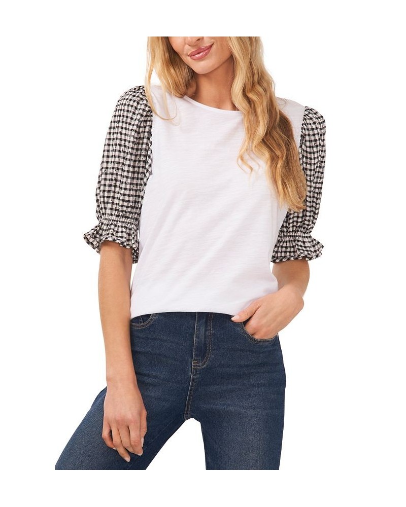 Women's Mixed-Media Plaid-Print Puff-Sleeve Tee White $17.83 Tops