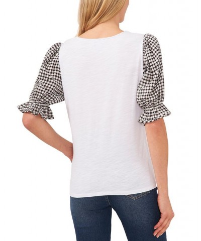 Women's Mixed-Media Plaid-Print Puff-Sleeve Tee White $17.83 Tops