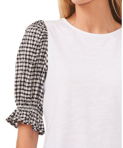 Women's Mixed-Media Plaid-Print Puff-Sleeve Tee White $17.83 Tops