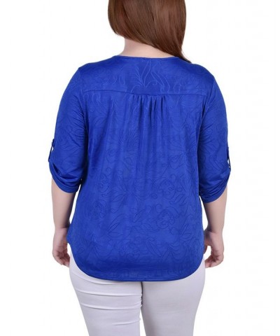 Plus Size 3/4 Roll Tab Zip Front Jacquard Knit Top Victoria Blue $15.77 Tops