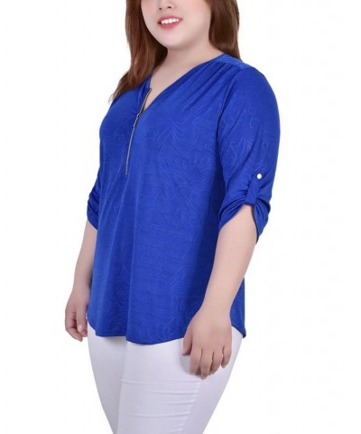 Plus Size 3/4 Roll Tab Zip Front Jacquard Knit Top Victoria Blue $15.77 Tops