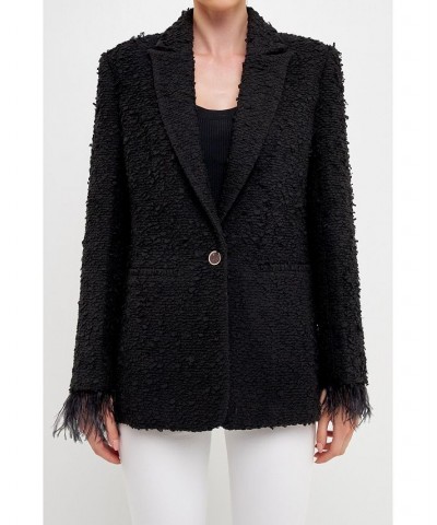 Women's Feather-Trimmed Tweed Blazer Black $60.80 Jackets