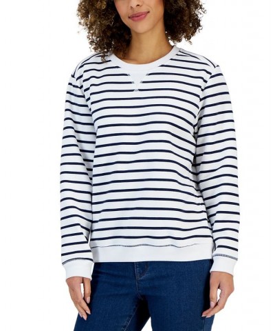 Women's Striped Fleece Crewneck Sweatshirt Bright White $11.59 Tops
