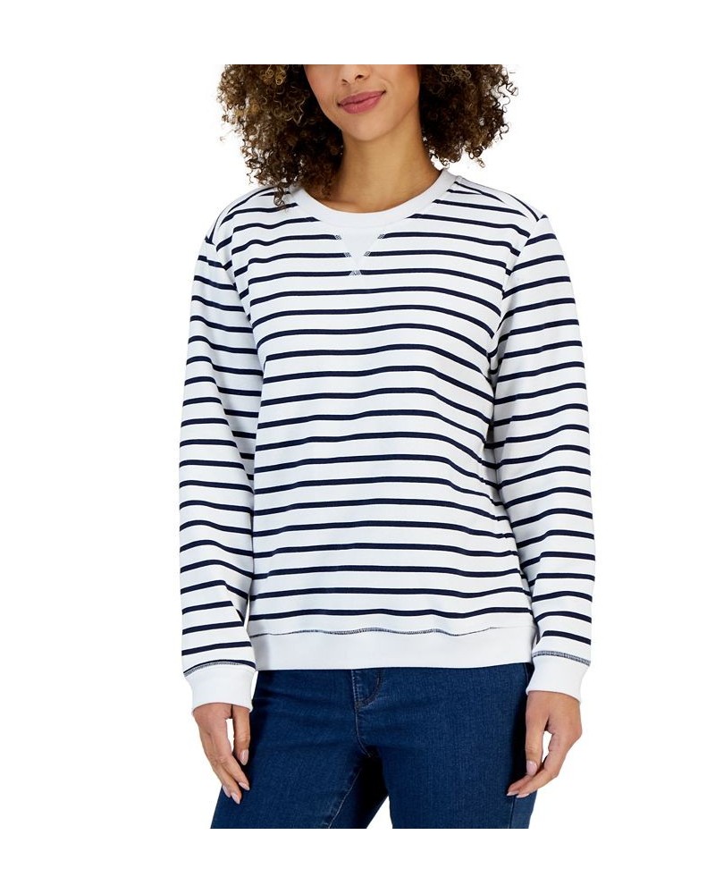 Women's Striped Fleece Crewneck Sweatshirt Bright White $11.59 Tops