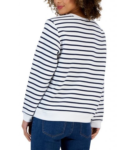 Women's Striped Fleece Crewneck Sweatshirt Bright White $11.59 Tops