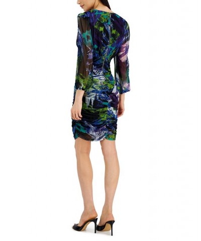 Women's Printed Long-Sleeve Ruched Mesh Dress Black/Cobalt/Amethyst $29.80 Dresses