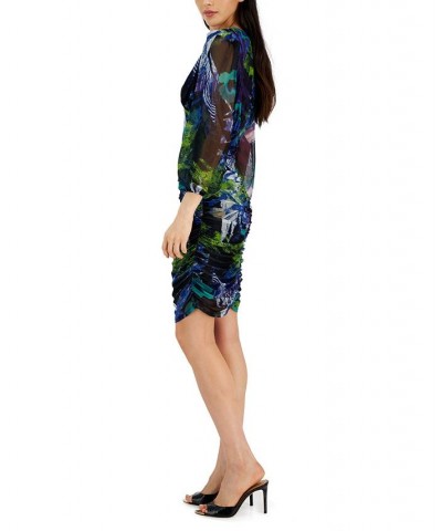 Women's Printed Long-Sleeve Ruched Mesh Dress Black/Cobalt/Amethyst $29.80 Dresses