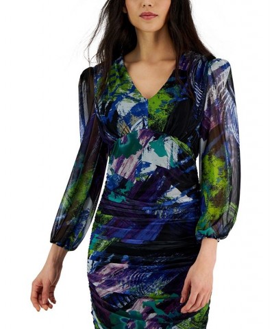 Women's Printed Long-Sleeve Ruched Mesh Dress Black/Cobalt/Amethyst $29.80 Dresses