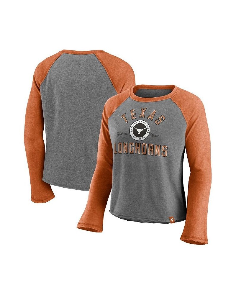 Women's Texas Longhorns Competitive Edge Cropped Raglan Long Sleeve T-shirt Heathered Gray, Heathered Texas Orange $21.00 Tops