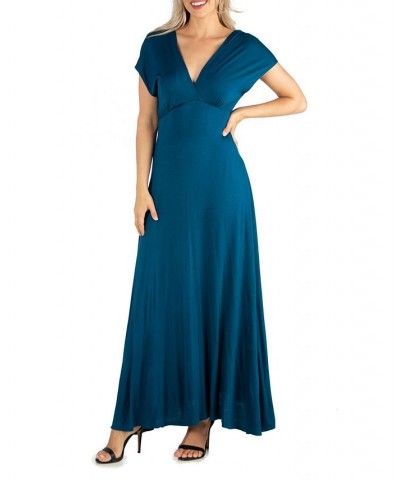 Women's Cap Sleeve V-Neck Maxi Dress Teal $26.00 Dresses