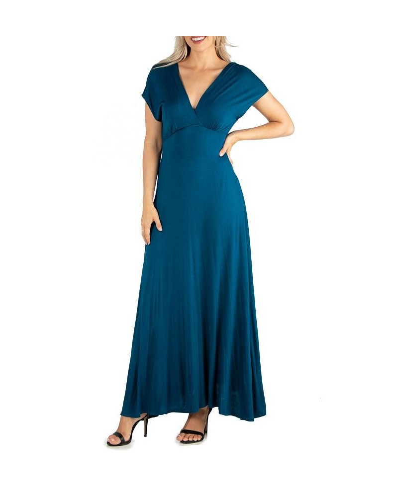 Women's Cap Sleeve V-Neck Maxi Dress Teal $26.00 Dresses