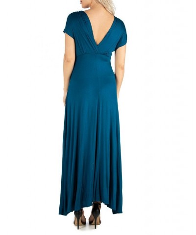 Women's Cap Sleeve V-Neck Maxi Dress Teal $26.00 Dresses