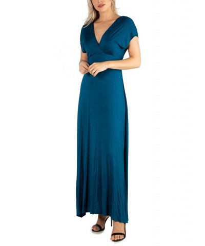 Women's Cap Sleeve V-Neck Maxi Dress Teal $26.00 Dresses