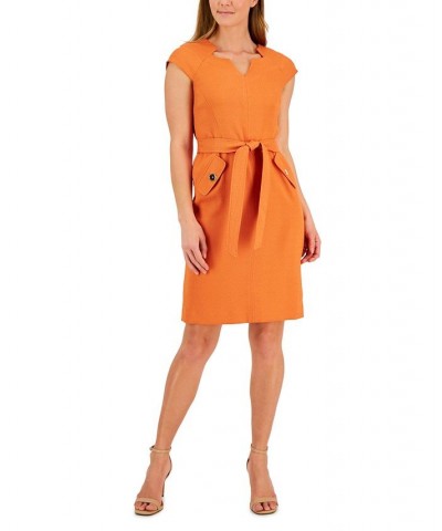 Women's V-Neck Belted Cap-Sleeve Sheath Dress Orange $43.60 Dresses