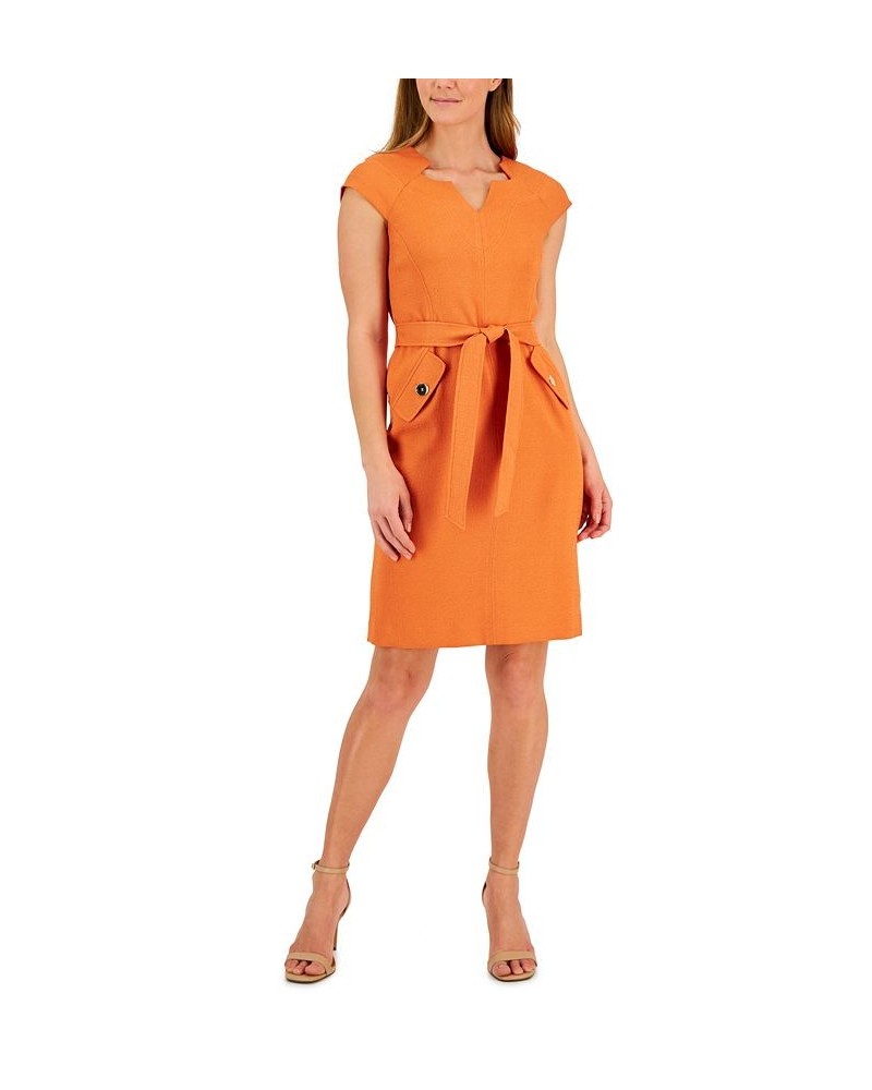 Women's V-Neck Belted Cap-Sleeve Sheath Dress Orange $43.60 Dresses