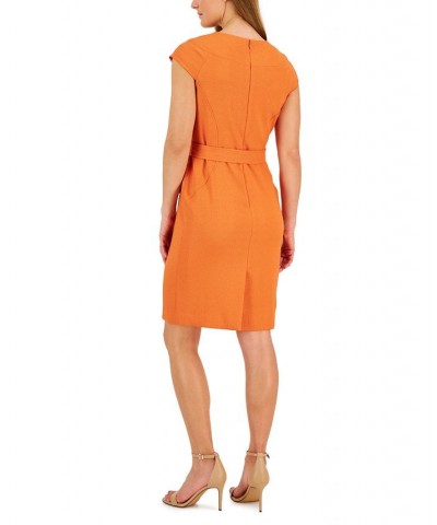 Women's V-Neck Belted Cap-Sleeve Sheath Dress Orange $43.60 Dresses