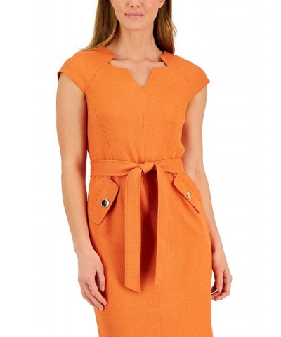 Women's V-Neck Belted Cap-Sleeve Sheath Dress Orange $43.60 Dresses