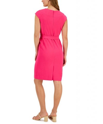 Women's V-Neck Belted Cap-Sleeve Sheath Dress Orange $43.60 Dresses