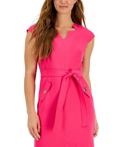 Women's V-Neck Belted Cap-Sleeve Sheath Dress Orange $43.60 Dresses