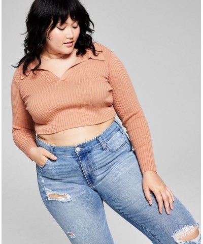 Trendy Plus Size Cropped Polo Top Hazelnut $14.85 Tops