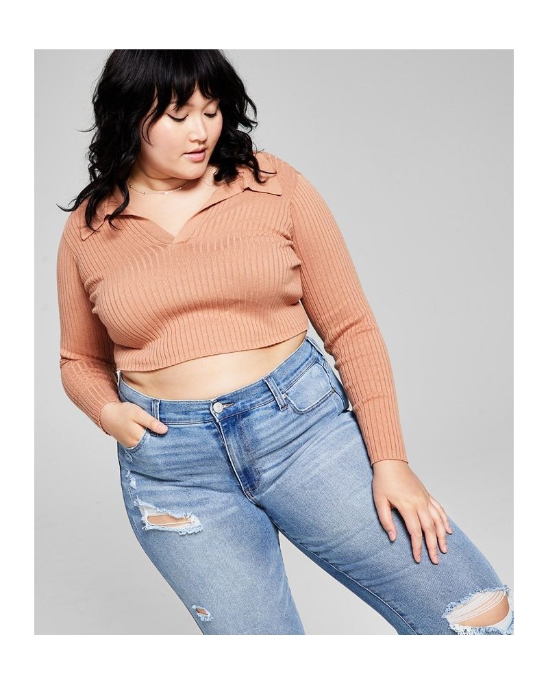 Trendy Plus Size Cropped Polo Top Hazelnut $14.85 Tops