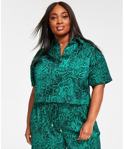 Trendy Plus Size Cropped Printed Satin Shirt Green Snake $16.54 Tops