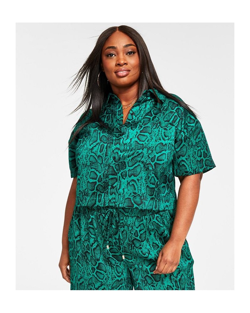 Trendy Plus Size Cropped Printed Satin Shirt Green Snake $16.54 Tops