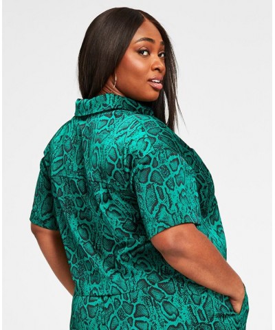 Trendy Plus Size Cropped Printed Satin Shirt Green Snake $16.54 Tops