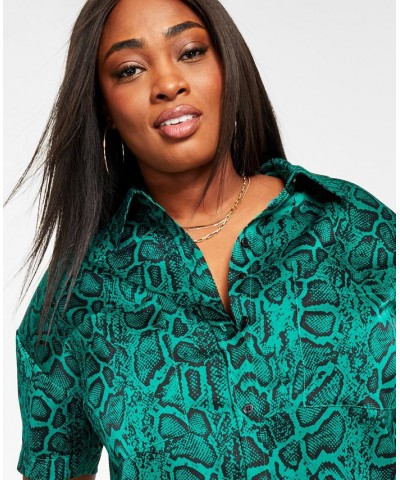 Trendy Plus Size Cropped Printed Satin Shirt Green Snake $16.54 Tops