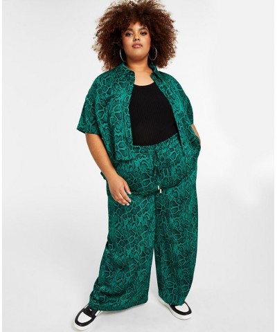 Trendy Plus Size Cropped Printed Satin Shirt Green Snake $16.54 Tops