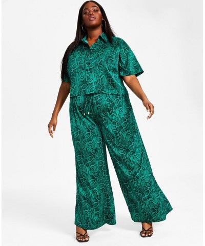 Trendy Plus Size Cropped Printed Satin Shirt Green Snake $16.54 Tops