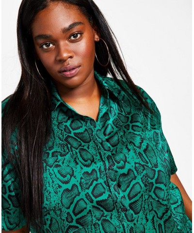 Trendy Plus Size Cropped Printed Satin Shirt Green Snake $16.54 Tops