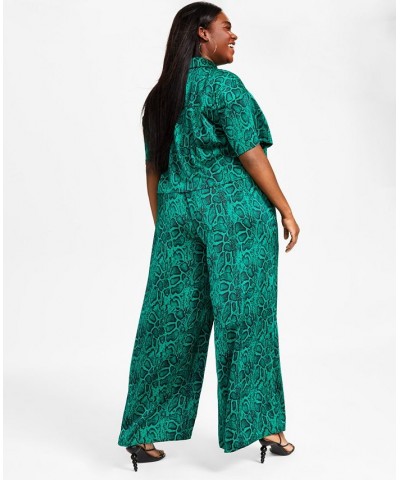 Trendy Plus Size Cropped Printed Satin Shirt Green Snake $16.54 Tops