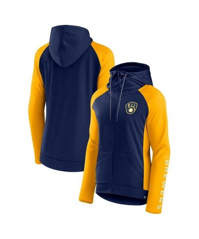 Women's Branded Navy Gold Milwaukee Brewers Iconic Raglan Full-Zip Hoodie Blue $33.60 Sweatshirts