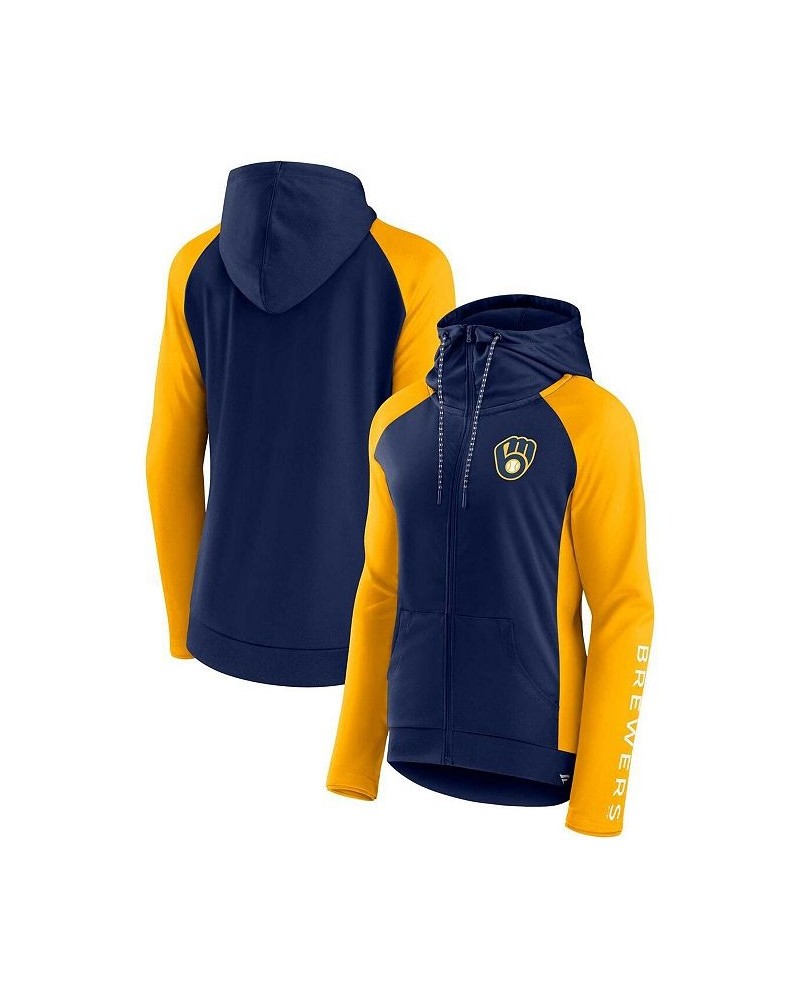 Women's Branded Navy Gold Milwaukee Brewers Iconic Raglan Full-Zip Hoodie Blue $33.60 Sweatshirts