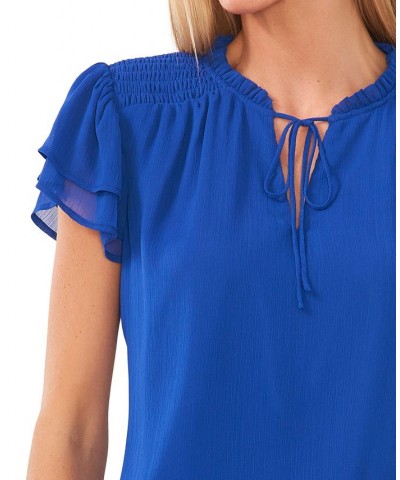 Women's Tie-Neck Flutter-Sleeve Short Sleeve Blouse Fireball $42.72 Tops