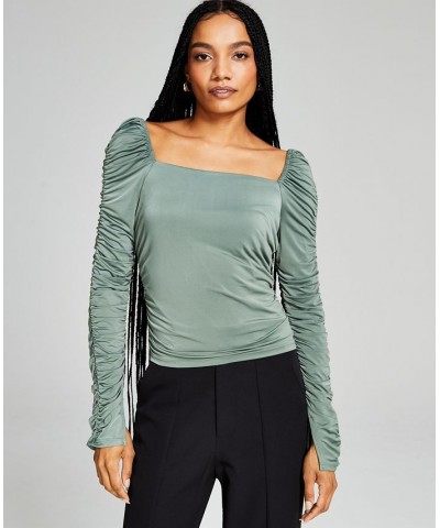 Women's Square-Neck Ruched-Sleeve Top Moss Green $8.05 Tops