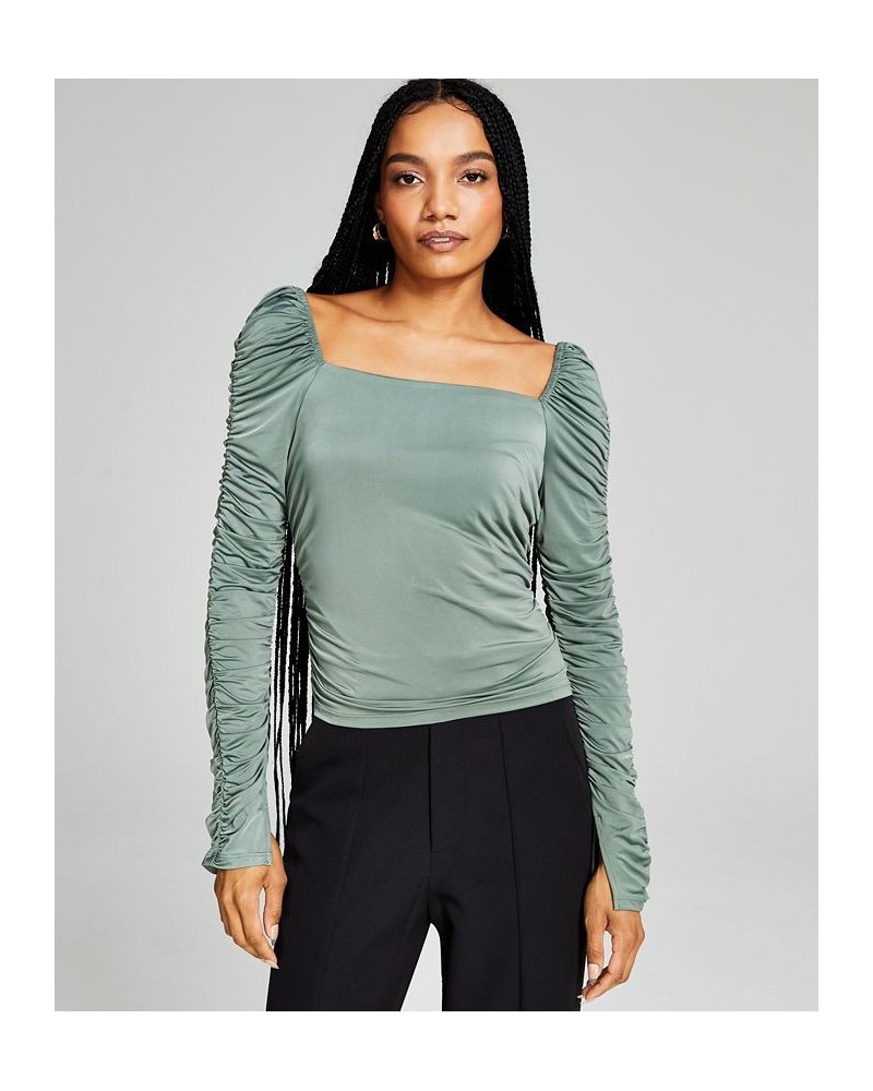 Women's Square-Neck Ruched-Sleeve Top Moss Green $8.05 Tops