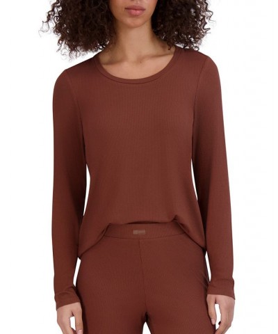 Women's Ribbed Long-Sleeve Sleep Tee Brown $16.32 Sleepwear