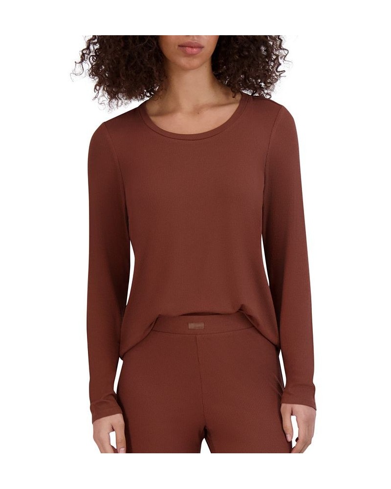 Women's Ribbed Long-Sleeve Sleep Tee Brown $16.32 Sleepwear