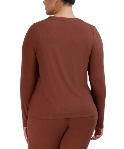 Women's Ribbed Long-Sleeve Sleep Tee Brown $16.32 Sleepwear