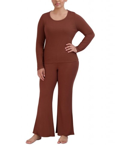 Women's Ribbed Long-Sleeve Sleep Tee Brown $16.32 Sleepwear