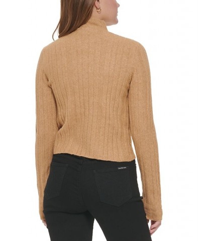 Women's Cropped Mock Neck Sweater Brown $26.51 Sweaters