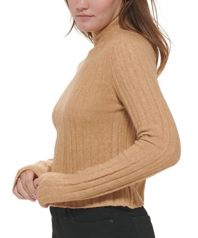 Women's Cropped Mock Neck Sweater Brown $26.51 Sweaters