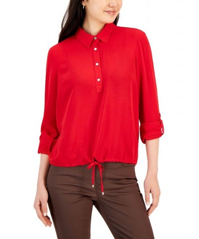 Women's Point Collar Roll-Tab-Sleeve Top Red $13.29 Tops