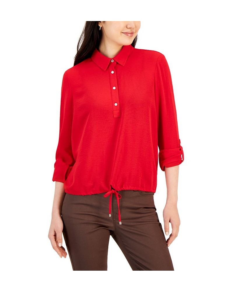 Women's Point Collar Roll-Tab-Sleeve Top Red $13.29 Tops