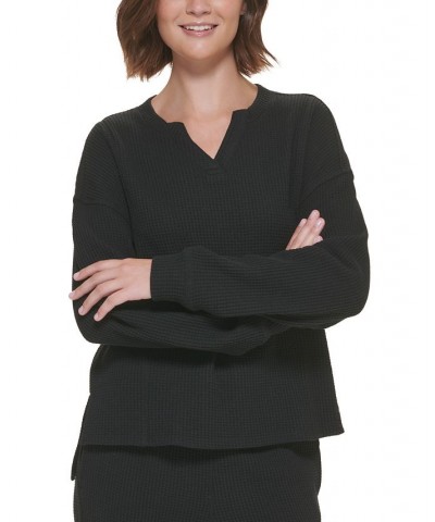 Women's Chunky Waffle-Knit Drop-Shoulder Top Black $21.47 Tops