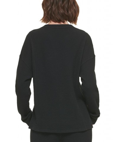 Women's Chunky Waffle-Knit Drop-Shoulder Top Black $21.47 Tops