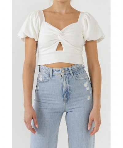 Women's Knotted Top with Short Puff Sleeves White $35.20 Tops