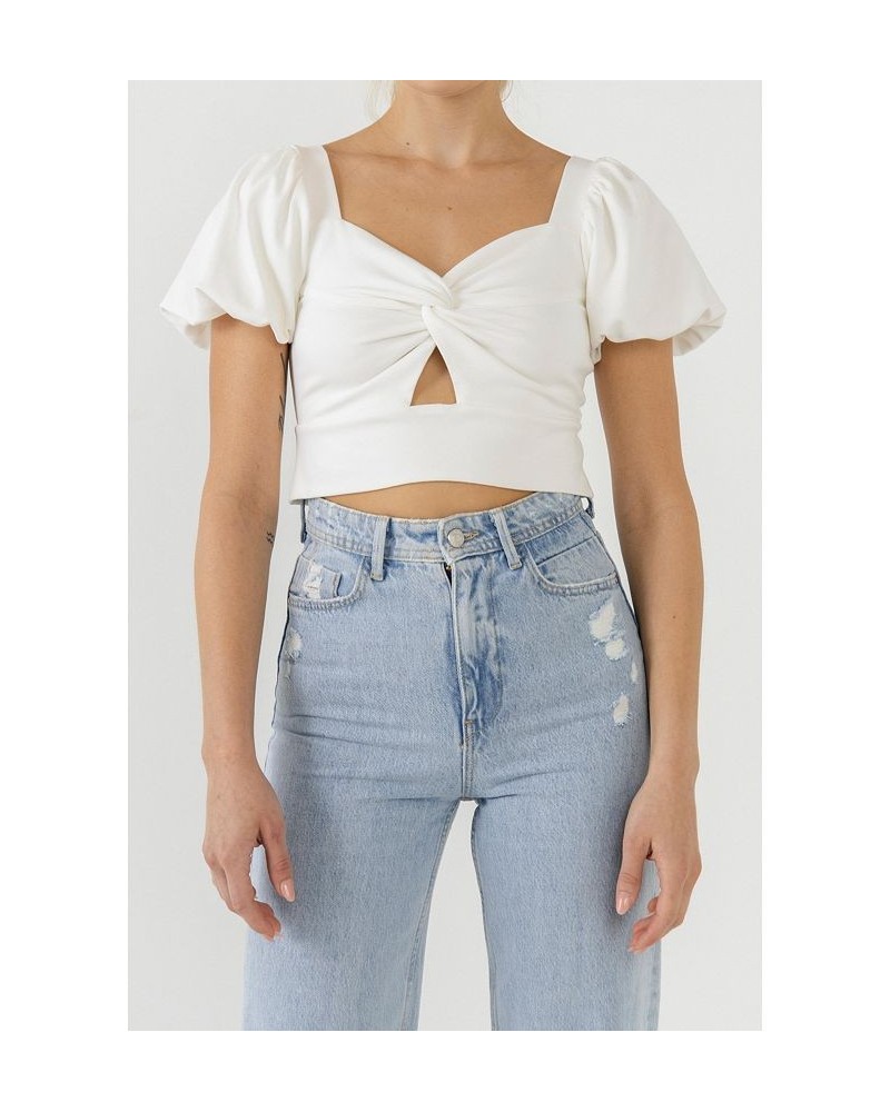 Women's Knotted Top with Short Puff Sleeves White $35.20 Tops